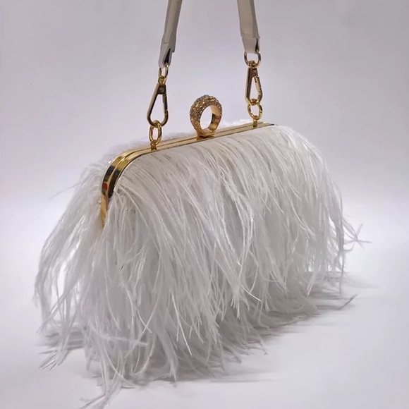 🌸 OSTRICH PURSE FEATHER HARD CLUTCH BAG BOHO CHIC DESIGNER ELITE HANDLE CHAIN - Picture 2 of 12